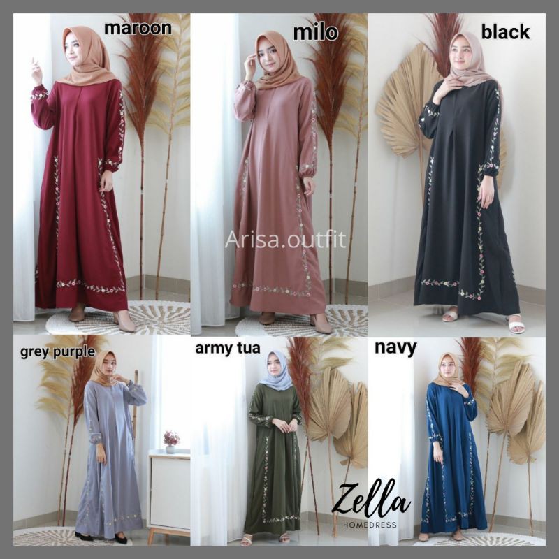 ARISA - ZELLA HOMEDRESS GAMIS MUSLIM SYARI  BORDIR PREMIUM ( Bahan Corina Sweding)