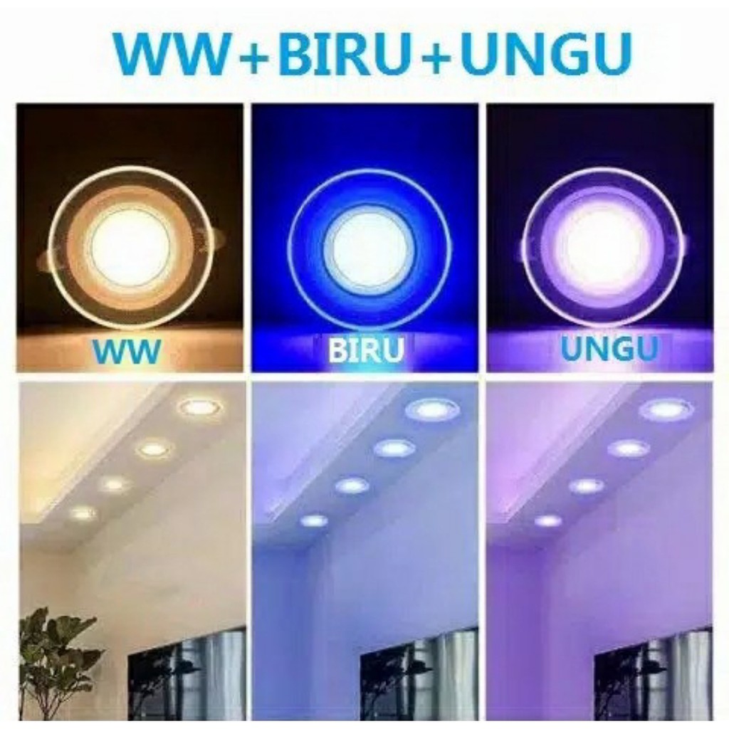 Lampu LED Downlight 3 warna 6w Kuning biru Ungu Inbow 6Watt Kaca 6 Watt 3 step Panel