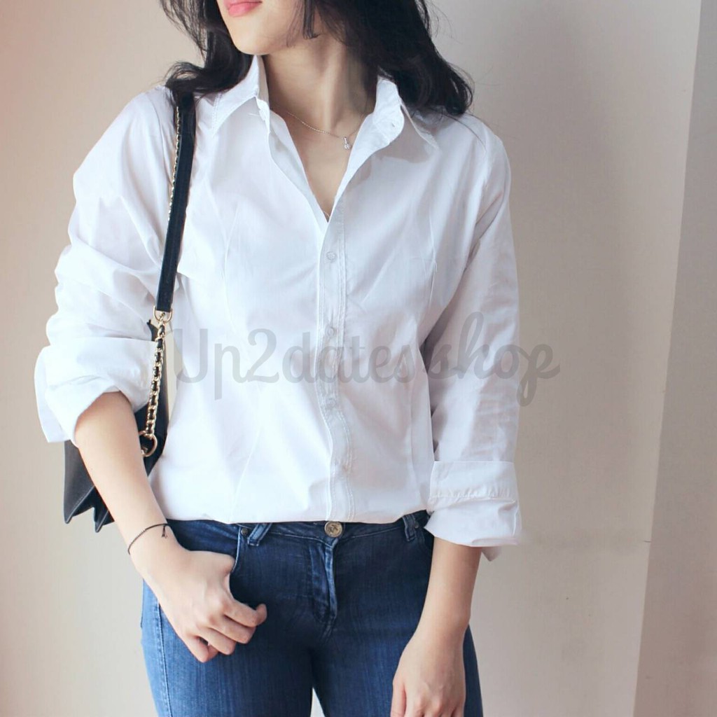 Kemeja Wanita Cewek Warna Putih Polos Atasan Lengan Panjang Kerja Modern Size M L XL Jumbo XXL XXXL-1