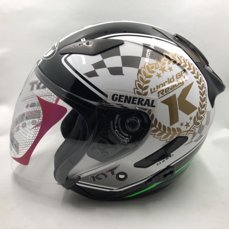 Helm KYT Galaxy Slide Motif World GP White Green Fluo Putih Hijau Stabilo Double Visor Half Face