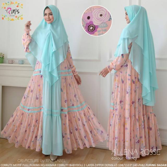 Terbaru  Setelan Gamis Ceruty Motif Full Furing (ALLENA ROSSE) Ori by Rins Hijab Solo
