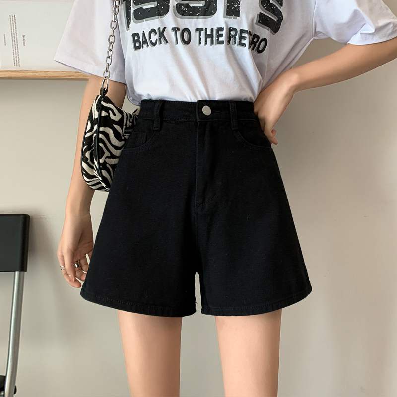 Celana Pendek Denim Pinggang Tinggi Wanita Warna Hitam