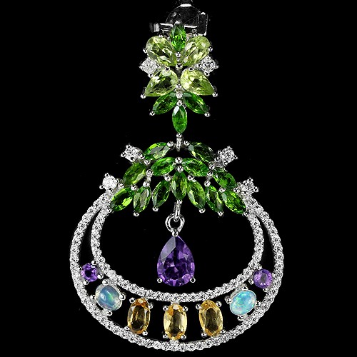 Kalung Liontin Perak Batu Natural CHROME DIOPSIDE OPAL AMESTHYST & PERIDOT