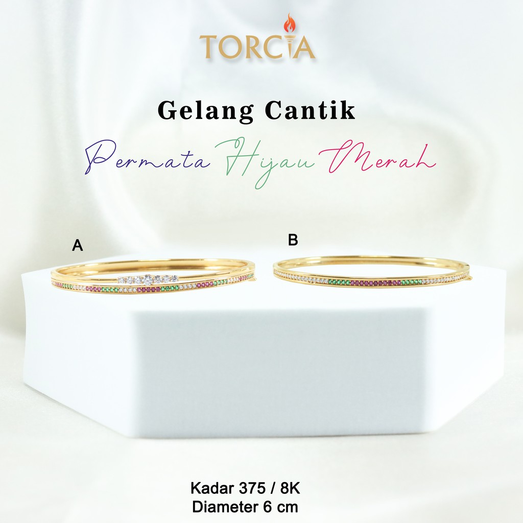 Gelang Oval Emas Asli Listring Cantik Permata Hijau Merah Kadar 375 Torcia
