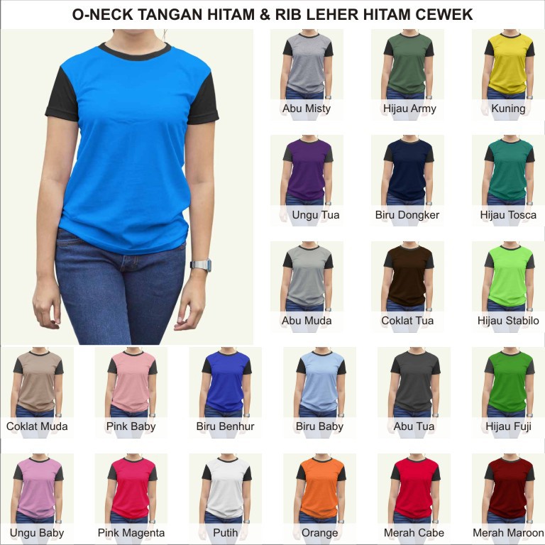 Tshirt / Kaos Polos Oneck Wanita / Cewek Rib, Tangan &amp; Leher Hitam, Combed Murah Grosir