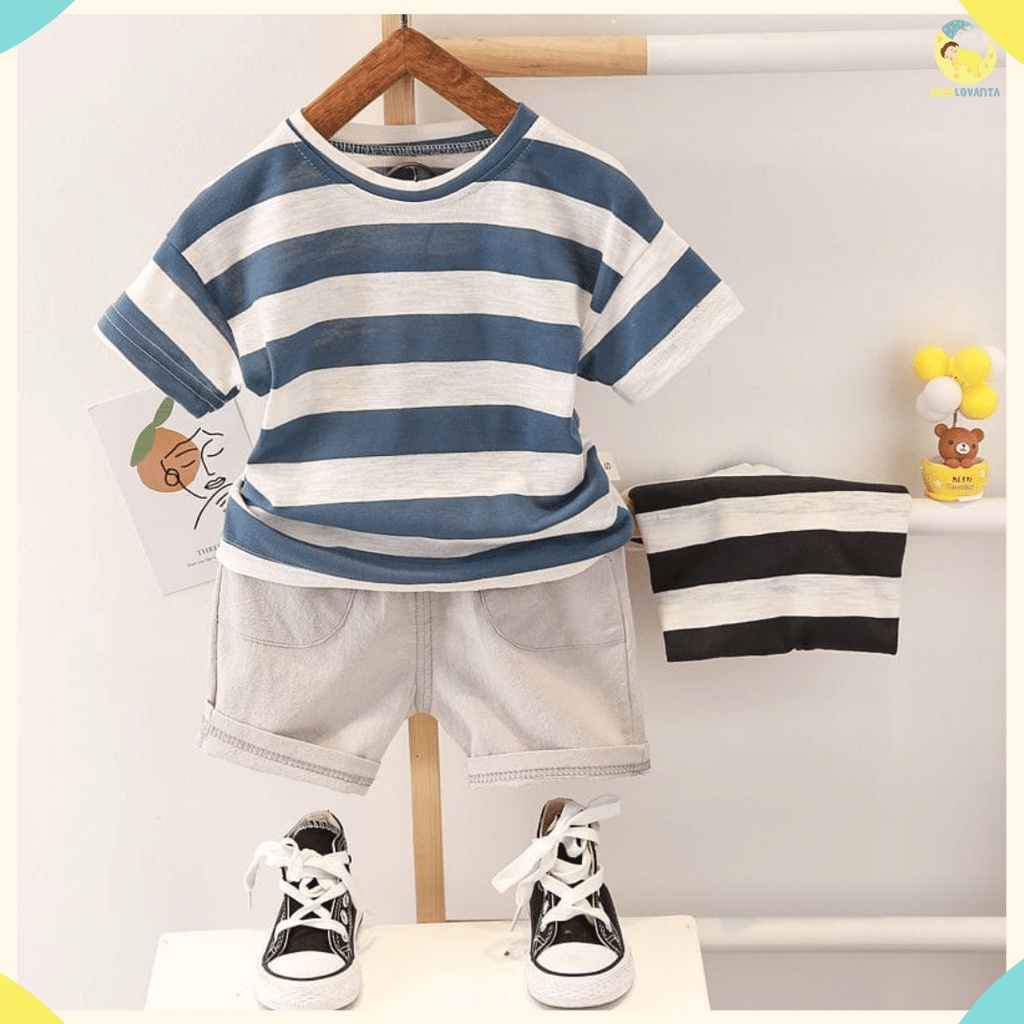 [COD] Setelan anak 0-5 tahun GARIS DARKGREY &amp; BLUE / stelan anak impor korea / baju santai anak garis garis / Babylovanta