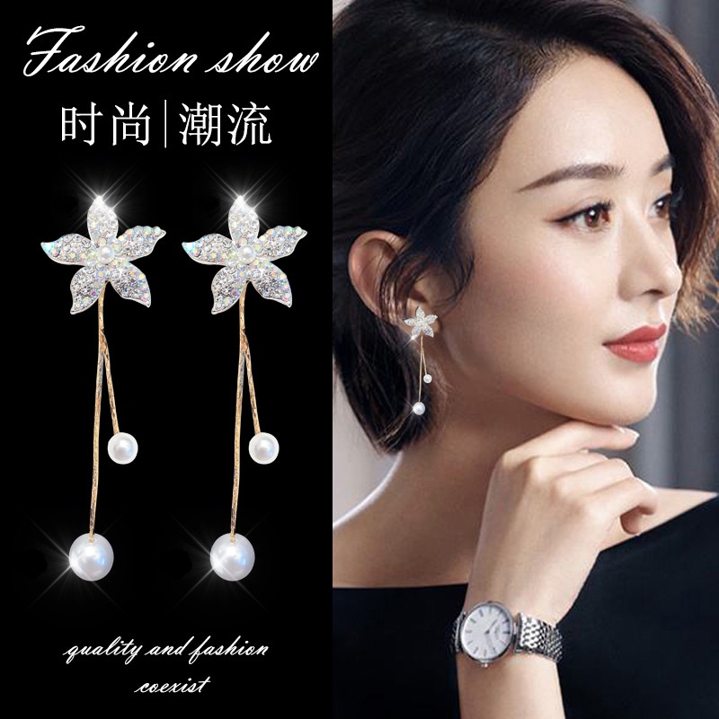 Sterling silver jarum yang temperamental fairy bunga anting-anting all-match 5 daun Mutiara Bunga ru