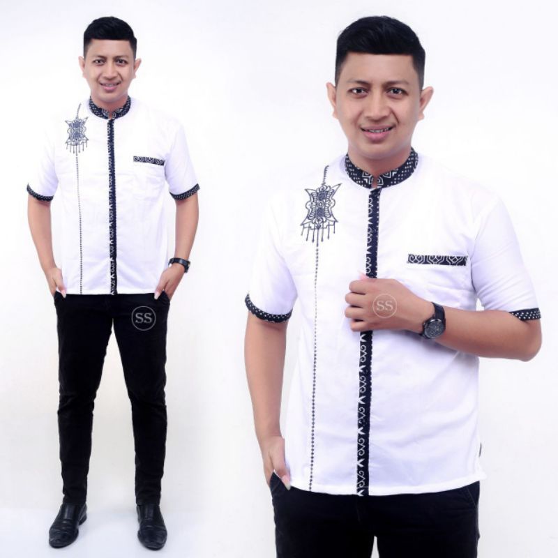 BAJU KOKO LENGAN PENDEK MOTIF SAMPING PUTIH HIJAU MERAH