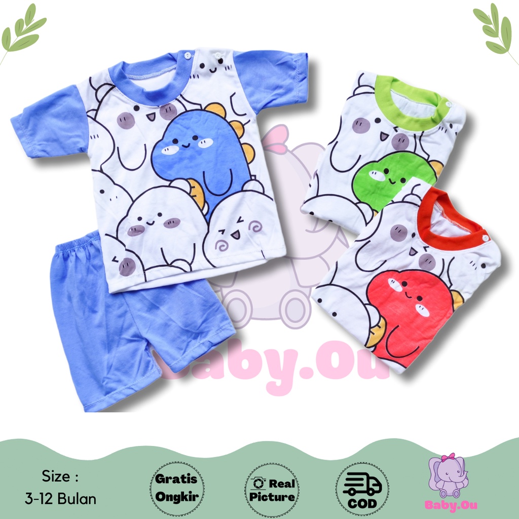 Setelan Baju Bayi Lengan Pendek Celana Pendek Motif Dino / Setelan Pendek Bayi Murah / Kaos Oblong Bayi / Baju Bayi Pendek / Baju Harian Bayi / Baby.ou_