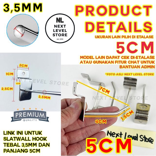 Slatwall Hook Cantolan 5 CM TEBAL 3,5mm Stainless Slat Slot Wall Jepit Gantungan Rak Display Aksesoris