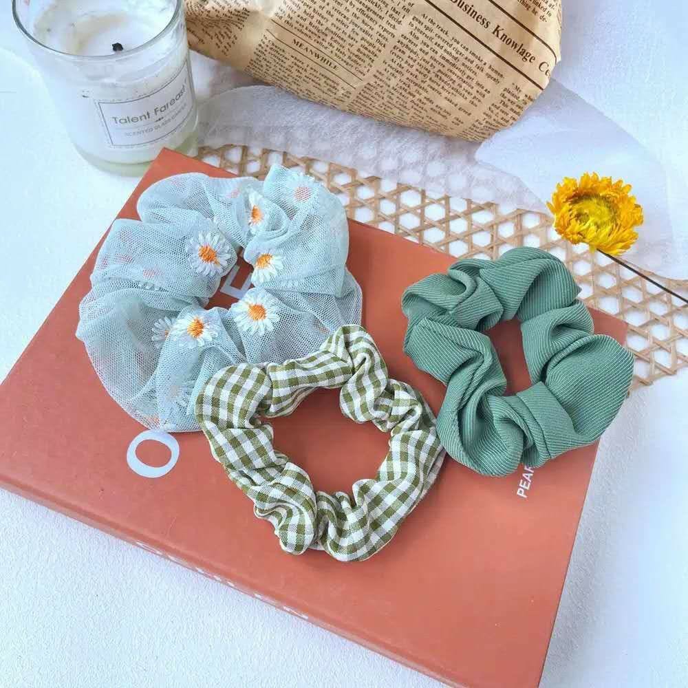 3Pcs/Set Ikat Rambut MF69 Scrunchies Ponytail Elastis Bhn Sifon Motif BungaDaisy-8