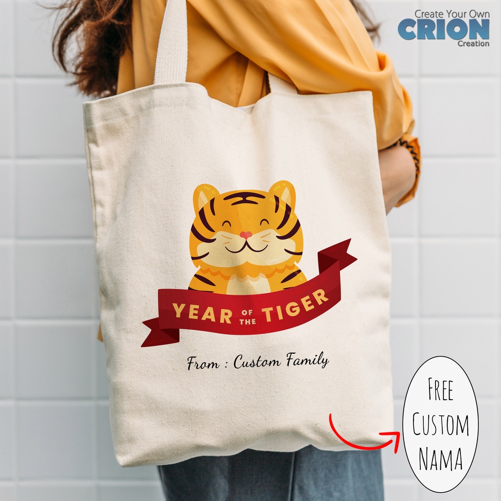 Totebag Imlek Tiger 2022 series blacu Bisa Custom ucapan / nama / kata