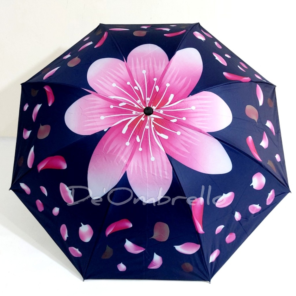 (453)Payung Lpt 4 Fancy Motif Bunga Sakura Dalam Hitam Anti UV