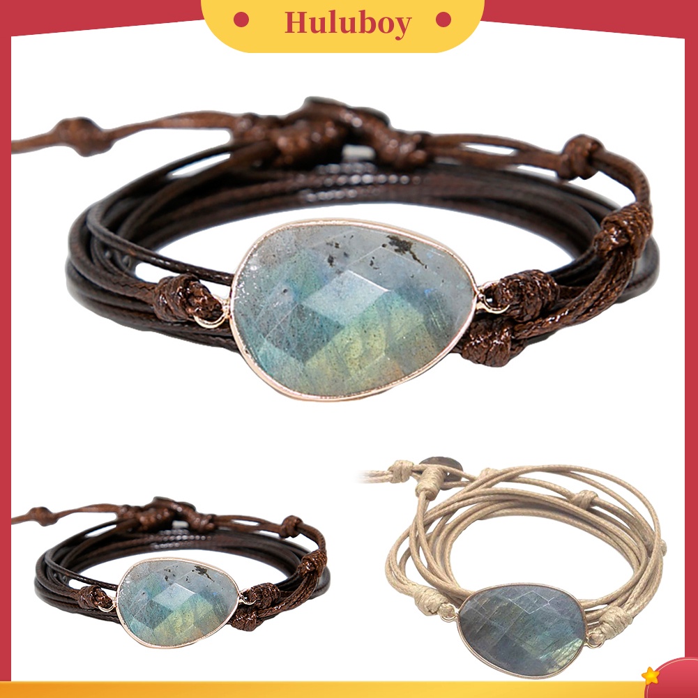 Hu Hu Hu Hu Hu Alat Bantu Pasang Kacamata♡ Gelang Tangan Tali Lilin Banyak Lapis Aksen Batu Labradorite Boho Handmade Untuk Unisexpriawanita