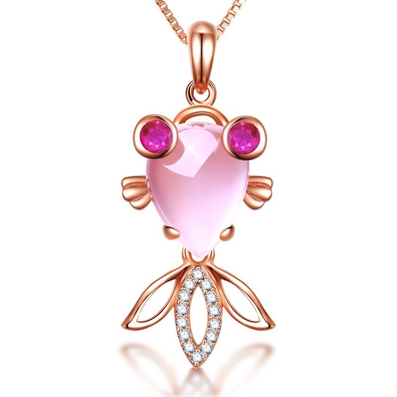 [Ready Stock]Fashion Rose Gold Plated Pink Crystal Small Goldfish Pendant Necklace