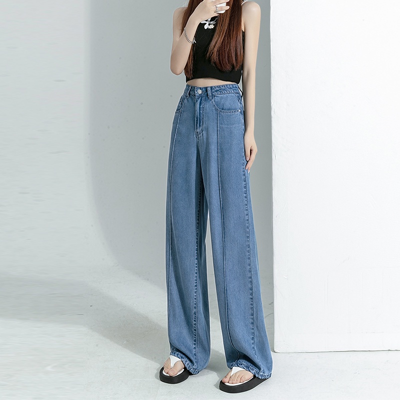 Tencel Jeans Wanita Pinggang Tinggi Musim Panas Tipis Es Sutra Menggantungkan Pear Bentuk Lurus Leba