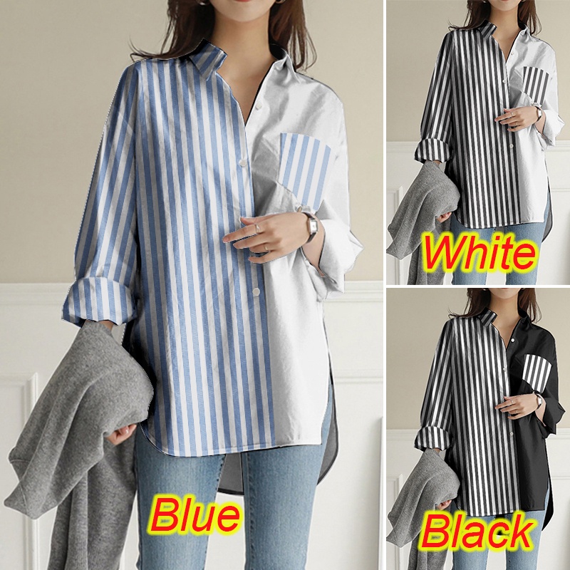 ZANZEA Women Casual Long Sleeve Lapel Loose Striped Patchwork Blouse