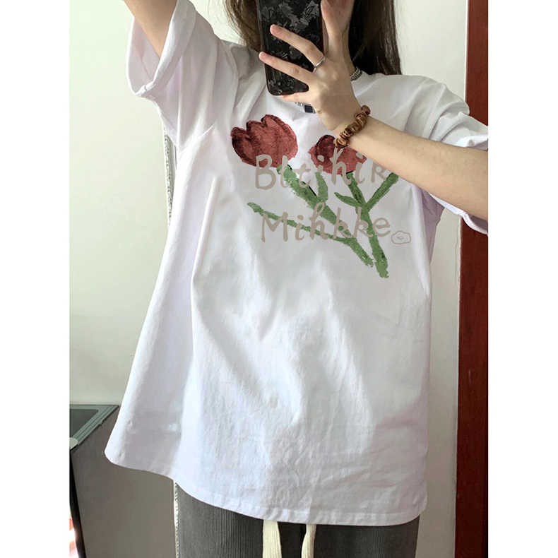 XIAOZHAINV Kaos Atasan Wanita Tulip Pattern Lengan Pendek Hitam 0005