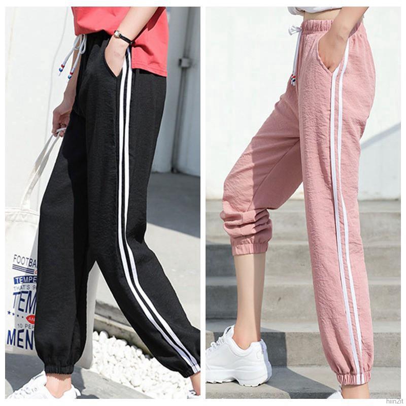 2019 drawstring striped zipper decorated slim pants