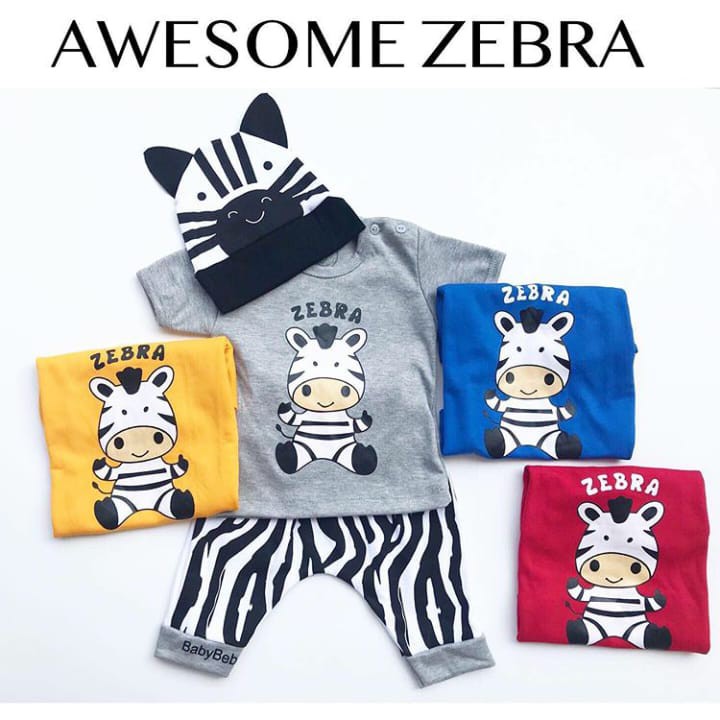 Baju setelan kaos celana topi gambar zebra pergi jalan casual fashion anak bayi cowok laki murah zeb