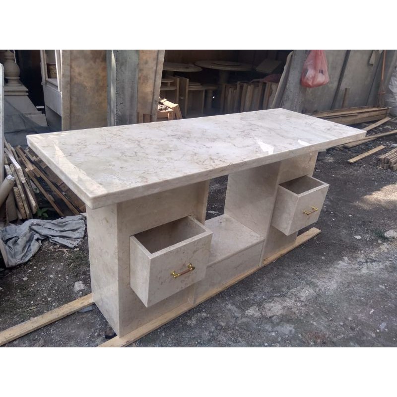 Meja Kantor marmer putih cream dua laci 160x60x80