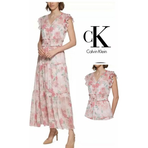 Calvin Klein Maxi dress princess flowers chifon pink