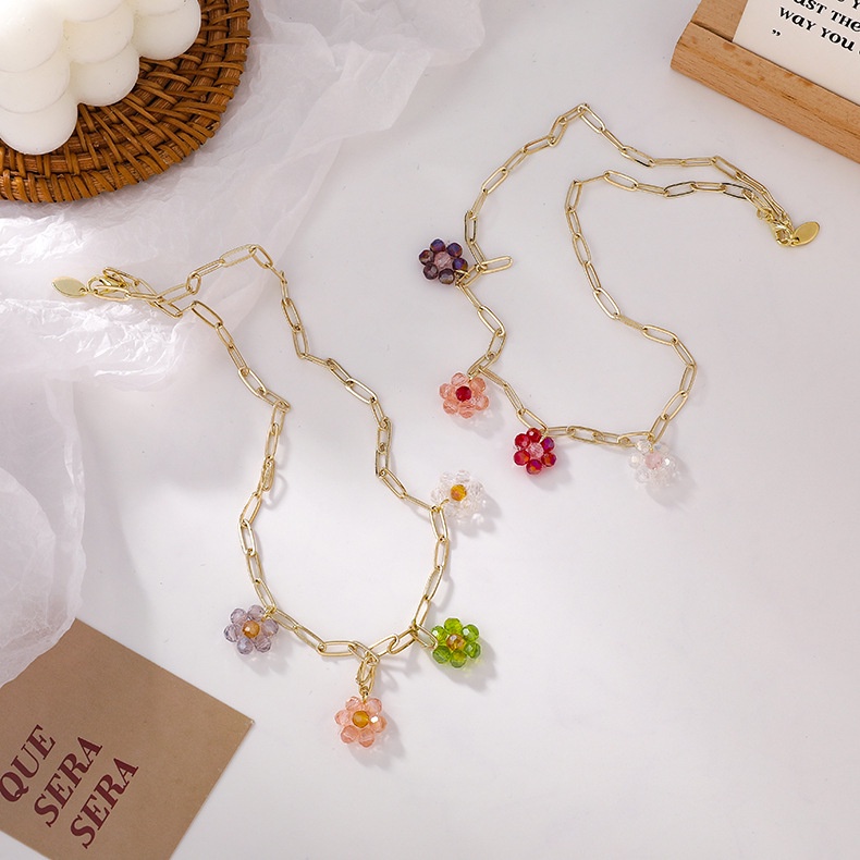 Vintage Colorful Braided Crystal Flower Necklace Clavicle Chain Metal Necklace