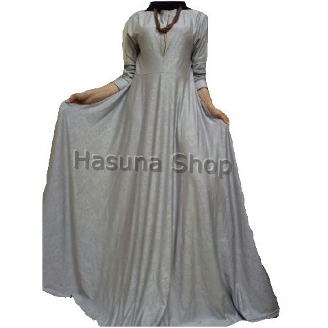 Gamis Jersey Abu Abu Silver Motif Relief Baju Wanita Syari 