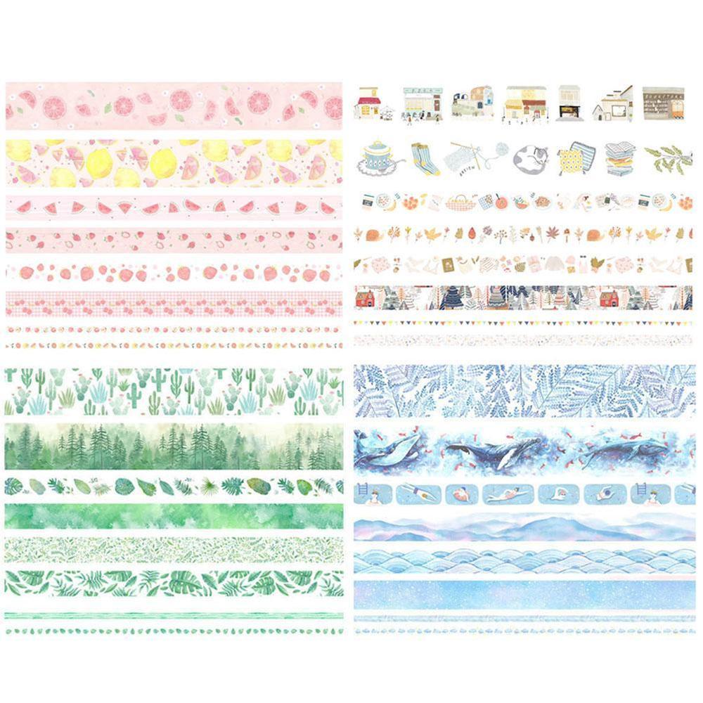 Chookyy 8roll/set Washi Tape Perlengkapan Sekolah Daun Hijau Kaktus Dicetak Multi-Warna Hias Scrapbooking Stiker