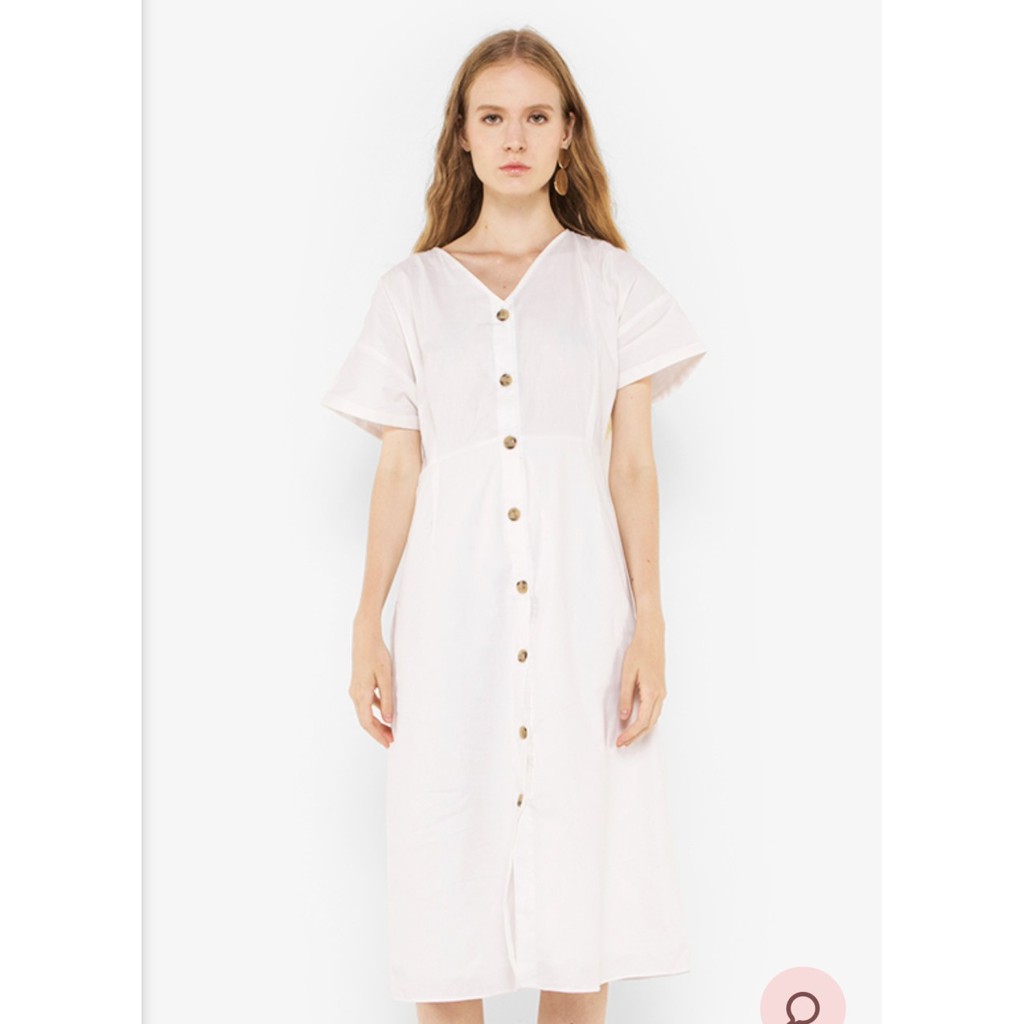 Dress Baju Terusan Midi Long Dress Cottonink Off White Kancing Putih Pantai