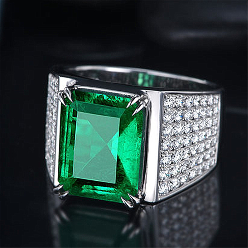 Cincin Emerald Platinum Pria Fashion Perhiasan Kawin Kristal Hijau Rings