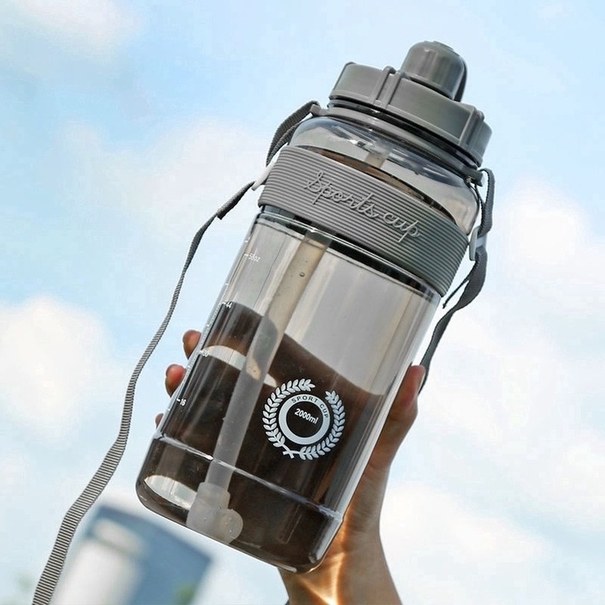 【fREE GIF- Strap + straw】2000ML Botol Air Trendy Kapasitas Besar Botol Sport Olahraga Besar Murah botol minum water bottle