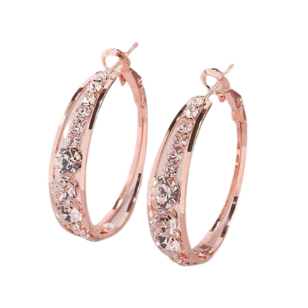 Hu Hu Hu Hu Hu Alat Bantu Pasang Kacamata♡ 1 Pasang Anting Hoop Berlian Imitasi Bentuk Lingkaran Warna Rose Gold Untuk Wanita