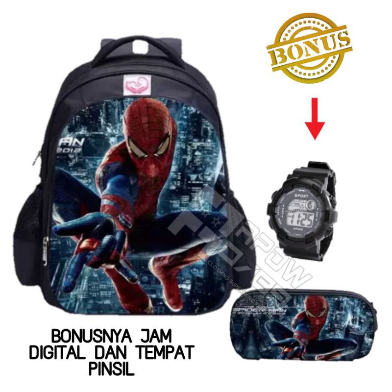 Tas ransel anak laki-laki karakter superhero gratis tempat pinsil jam tangan - tas anak