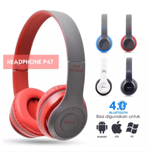 HEADSET WIRELESS BLUETOOH P47 HEADPHONE STEREO BASS KUALITAS BAGUS