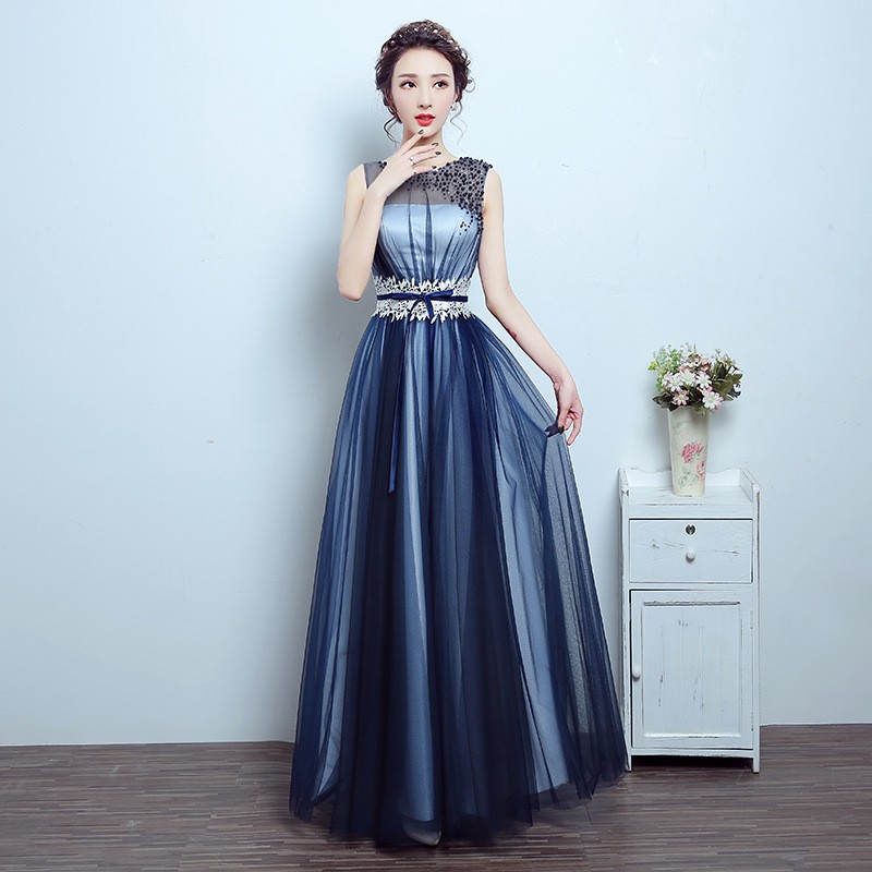 Gaun pesta / gaun malam / gaun pengiring pernikahan / bridesmaid navy blue gaun pengiring pernikahan