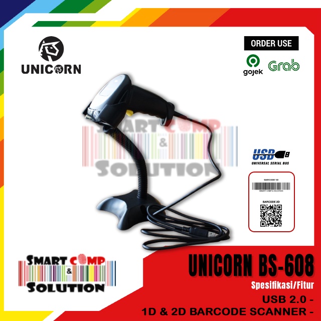 Scanner Barcode BS-608 / BS608 / BS 608 Unicorn 1D 2D QR CODE  USB With Stand setara IWARE