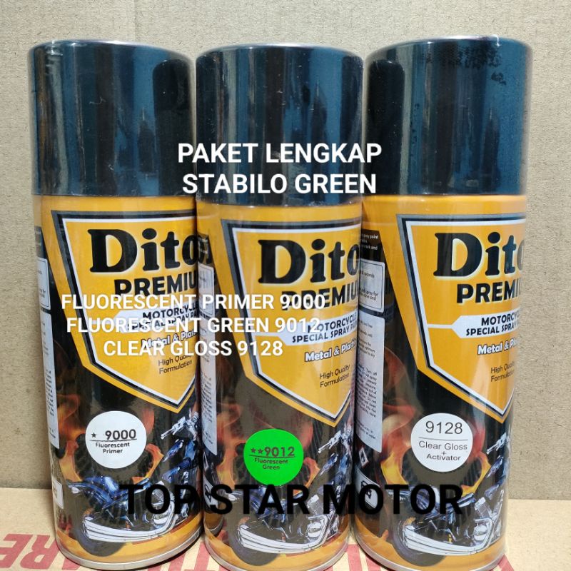 Pilok Paket Lengkap Cat Diton Premium Fluorescent Primer 9000 Fluorescent Green 9012 Clear Gloss 9128 400cc.. Pilok Paketan Lengkap Fluorescent Green Cat Semprot Diton Premium 400cc