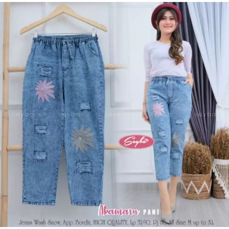 CELANA JEANS WANITA BAGGY  KOREA KEKINIAN FULL BORDIL BUNGA , BAGGY 7/8 BORDIL LOVE RAWIS2 | KARET M