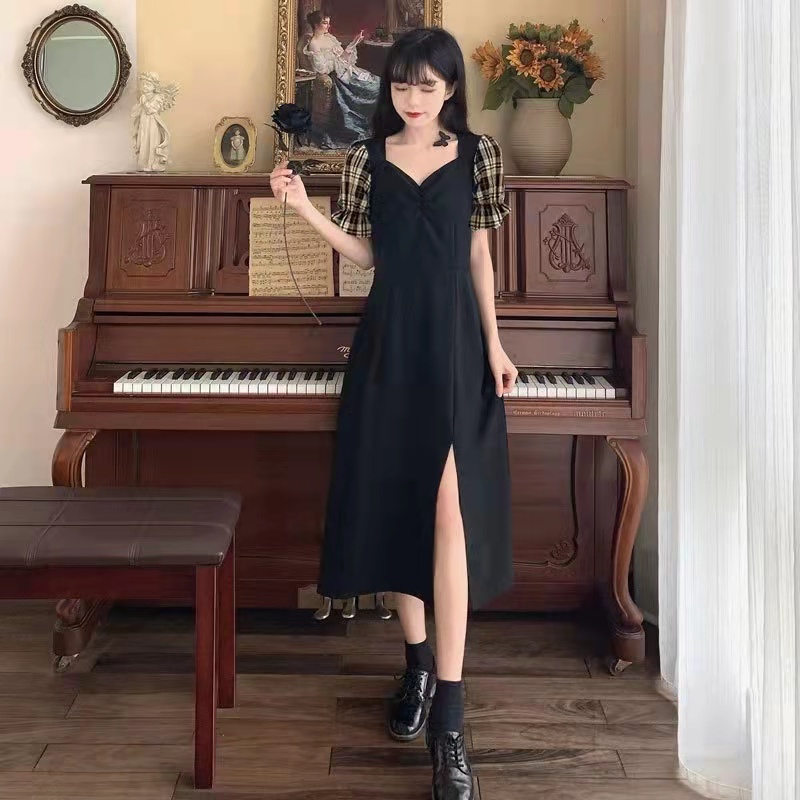 [New Arrival] Dress Korea Midi V-Neck A-Line || Lengan Motif Kotak-Kotak