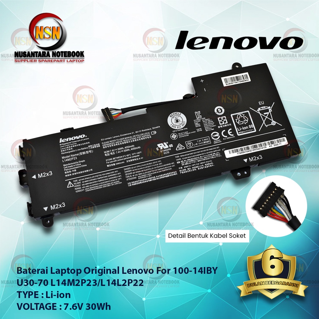 Baterai Laptop Original Lenovo 100-14IBY U30-70 L14M2P23 L14L2P22 L14LP24