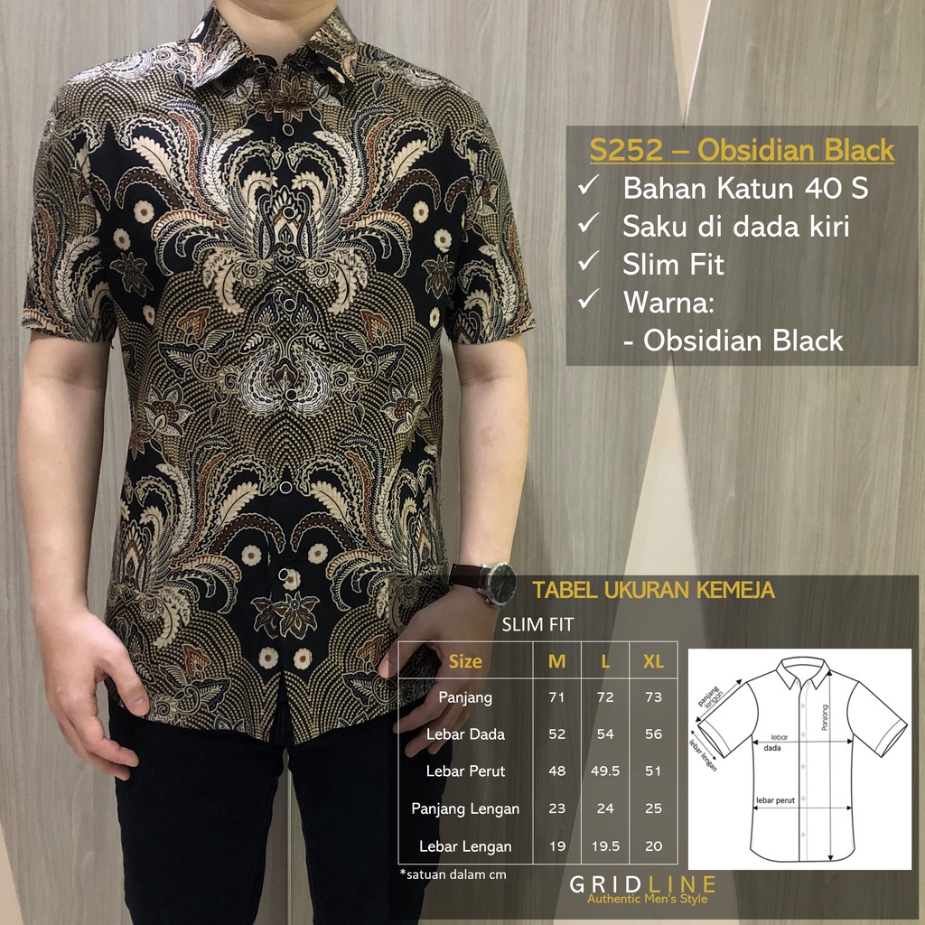 [GRIDLINE - S278 Oxypetalum Black &amp; S252 Obsidian Black] Kemeja Batik Pria Lengan Pendek Slimfit Katun Modern Elegan