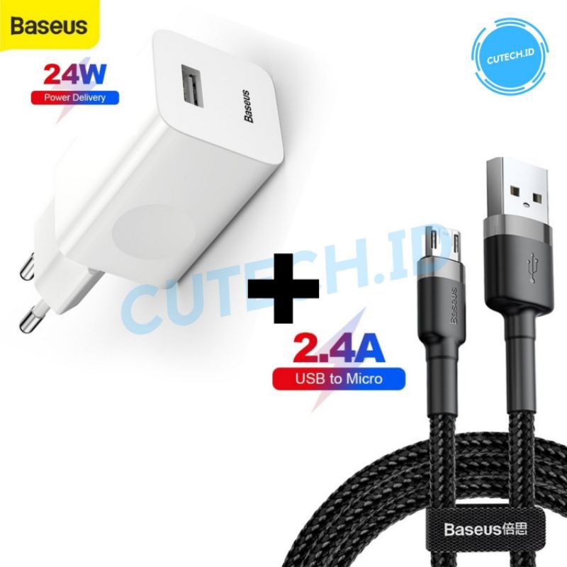 BASEUS PAKET BUNDLING KEPALA CHARGER 24W QC 3.0 + KABEL DATA MICRO USB / TYPE C / LIGHTNING