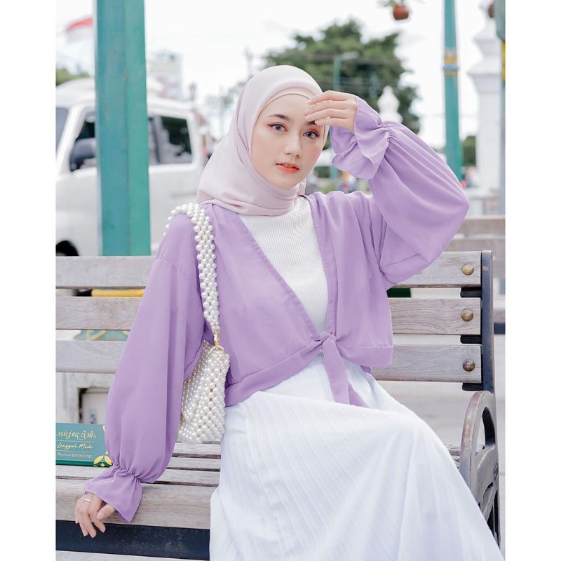 COD lula outer apk ruffle blouse sifon lilac putih balon tali / outer pantai ootd