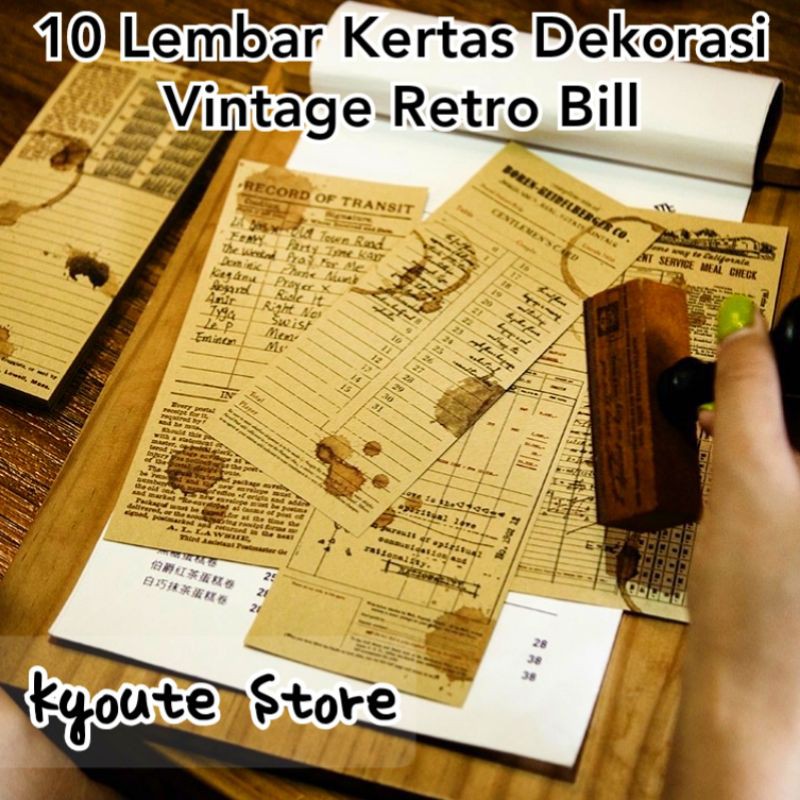 

10 Lembar Kertas Dekorasi Vintage Retro Bill Scrapbook Journal Bujo DIY School Paper