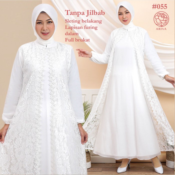 Gamis Putih Muslim Wanita Dress Brukat Lebaran Haji Umroh Manasik 055 - M