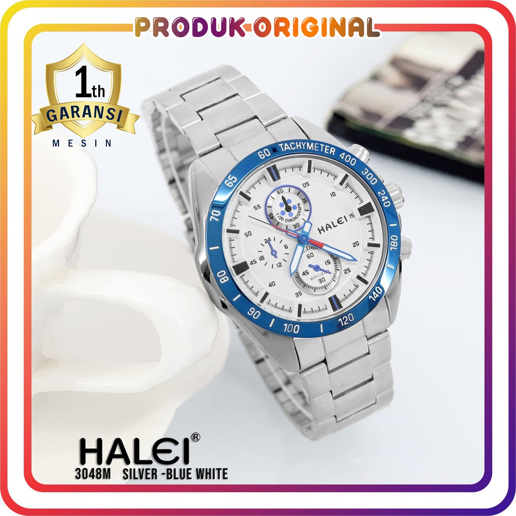 COD (COD) JAM TANGAN PRIA HALEI ORIGINAL 3048 RANTAI SPORT SILVER STAINLESS STEEL WATER RESISTANT