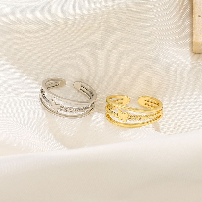 Cincin Jari Telunjuk Model Terbuka Tiga Lapis Desain Kupu-Kupu Geometris Bahan Logam Untuk Wanita