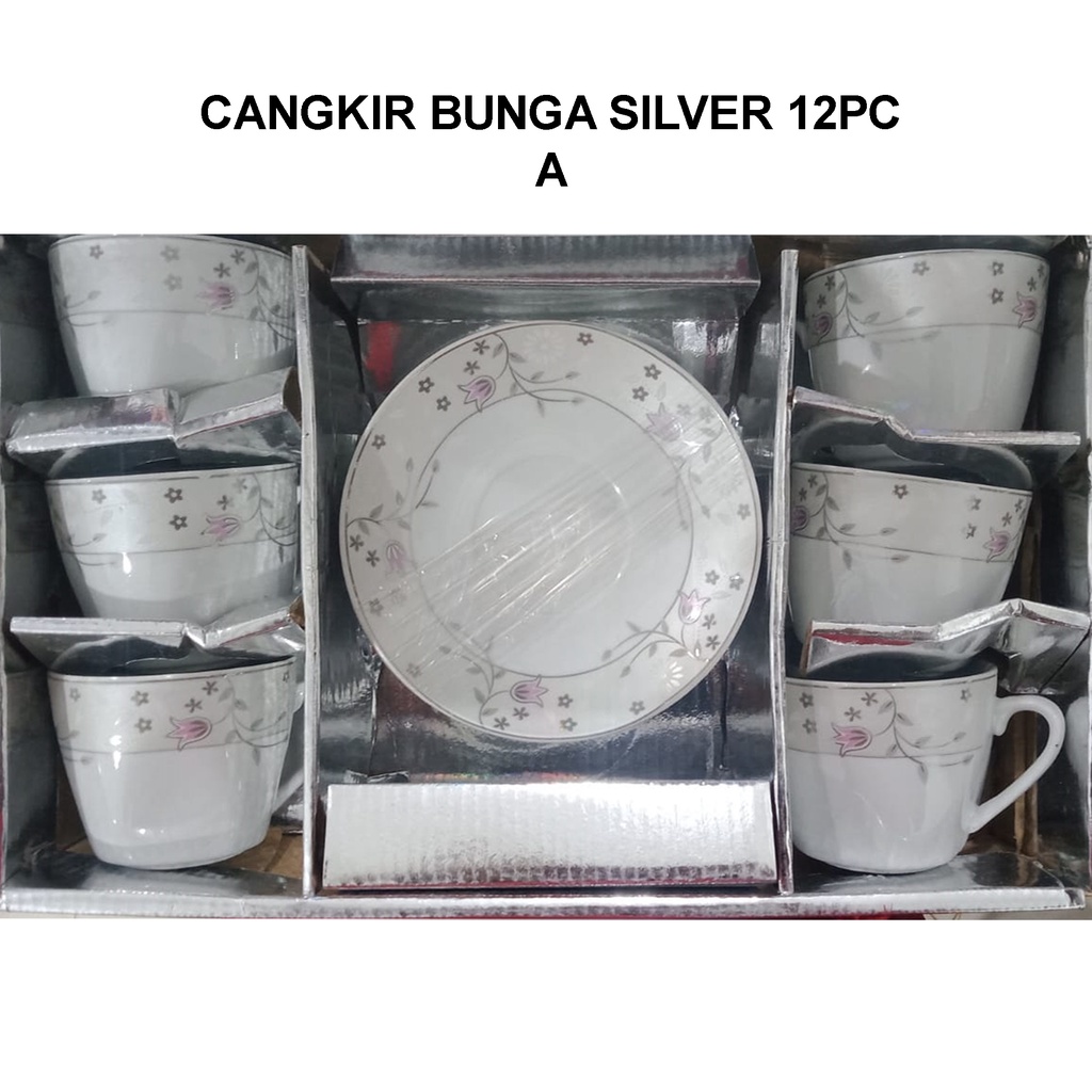 Cangkir Teh Keramik Bunga Silver SET 12 Hampers Hadiah Gift Box