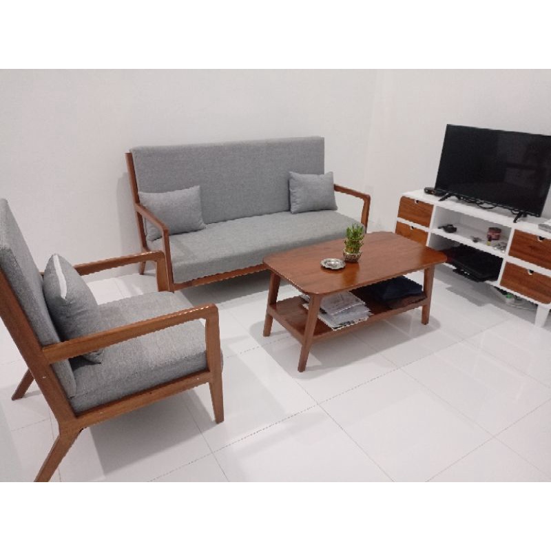set sofa minimalis 2 kursi 1 meja bahan kayu akasia berkualitas, bisa request warna sofa